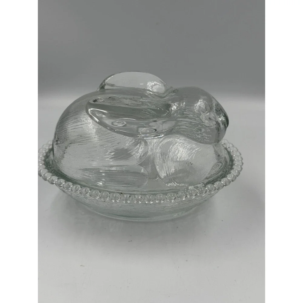 Vintage Clear Glass Rabbit Covered Dish - Indiana Glass Bunny on Nest 7